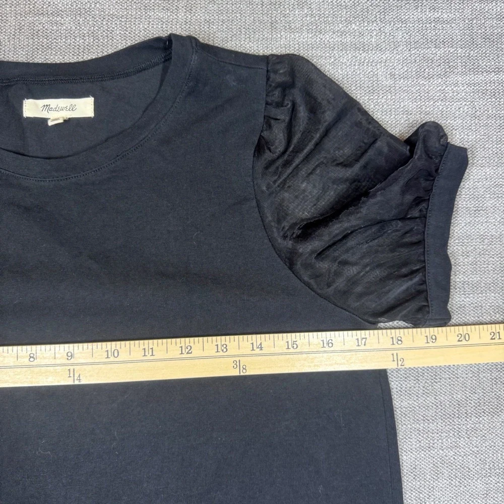 Madewell Black Sheer Mesh Puff Sleeve Knit Top Crew Neck Small